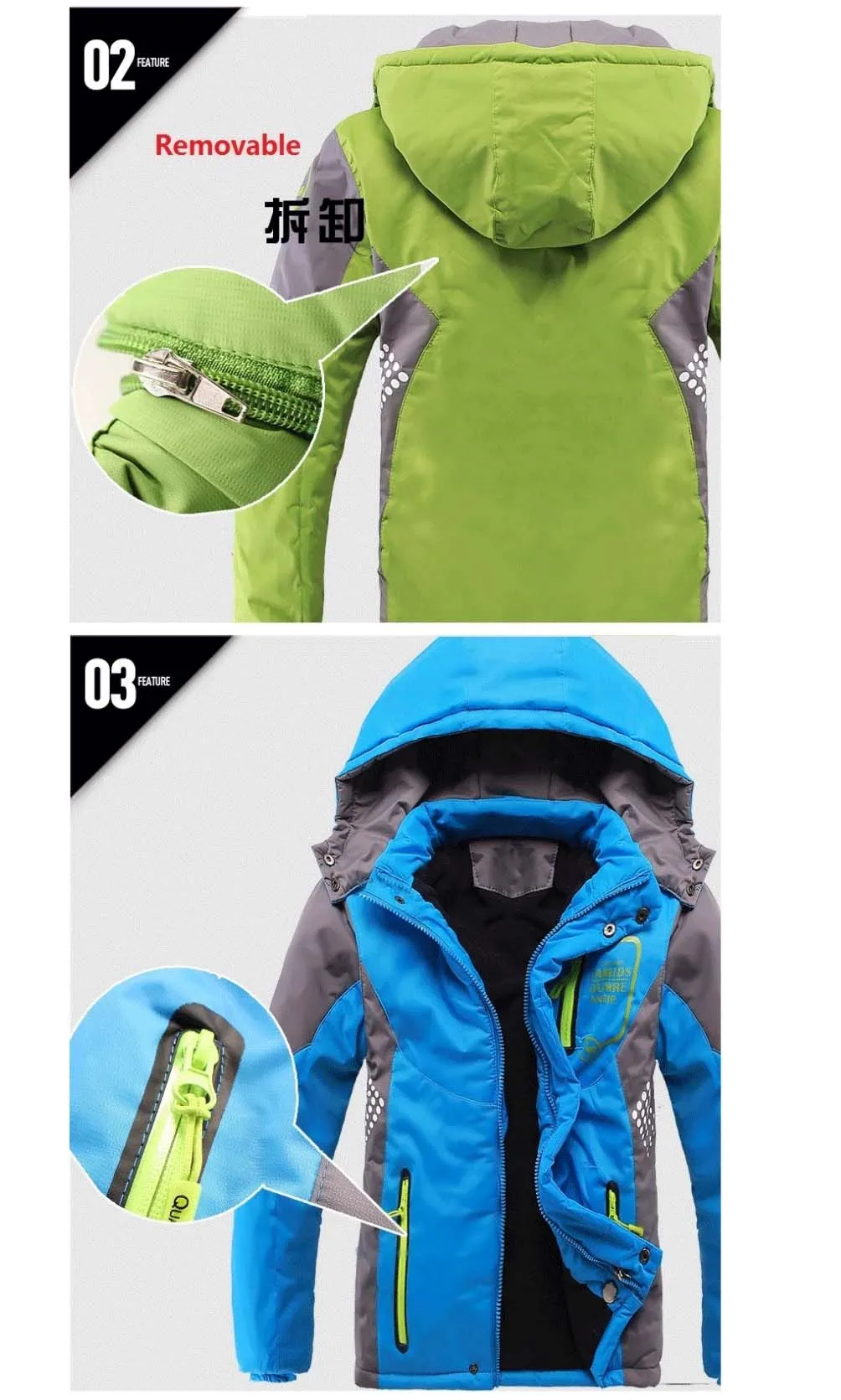 Winter Warmer Fleece Gepolsterter Dicker Kindermantel Wasserdichter Kontrast Abnehmbare Kapuze Reißverschluss Mädchen Jungen Jacken Kinder Outfits 3-12 Jahre – Detail 4