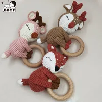 1pc BPA Free DIY Crochet Elk Fox Baby Teether Wooden Teether Ring Rattle Newborn Teething Nursing Soother Molar Educational Toys 1