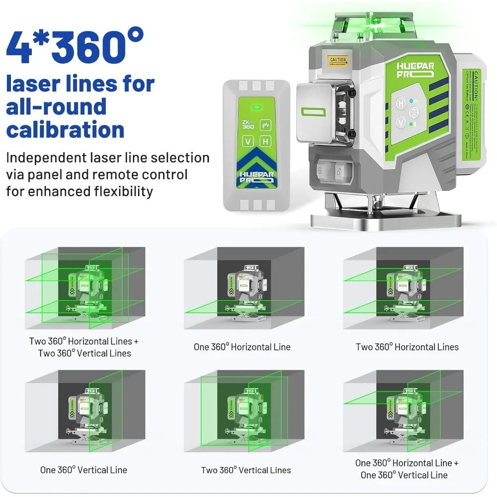 Self-Leveling 360° Green Cross Line Laser Level with Remote Control and 8000mAh Rechargeable Battery