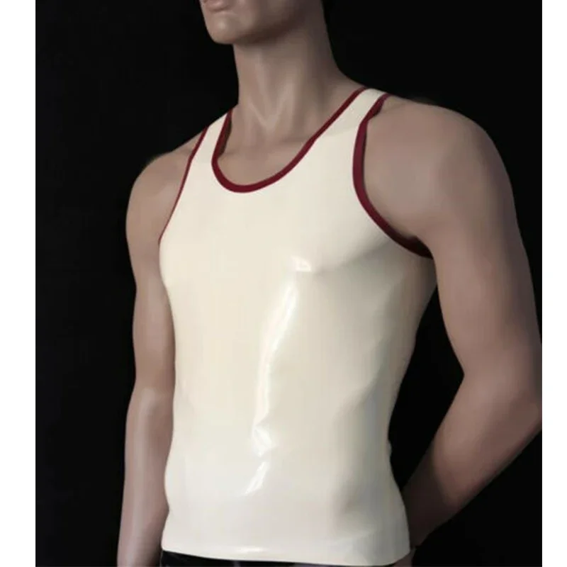 

Latex Vest Gummi Sleeveless Rubber T-Shirt Vintage White with Red Basic Classic XS-XXXL Customize .4mm