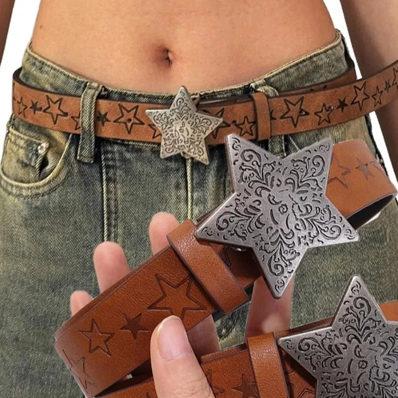 

Women Metal Star Printed Belt Personalized Western Style Hollow Out Carved Brown Texture Jeans Dress Versatile Fashion Waistband