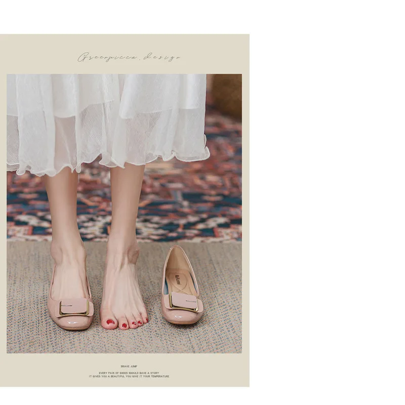 French Style Women's Flat Shoes Leather Square Toe Low Block Heel_voghion.com
