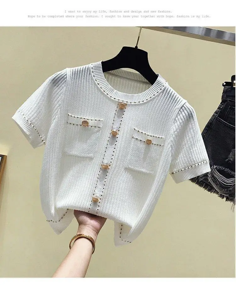 Fashion Round Neck Short Sleeve Sweater Women Thin Section Striped Button Decoration Stitching Knitted Sweater Female Spring pink sweater