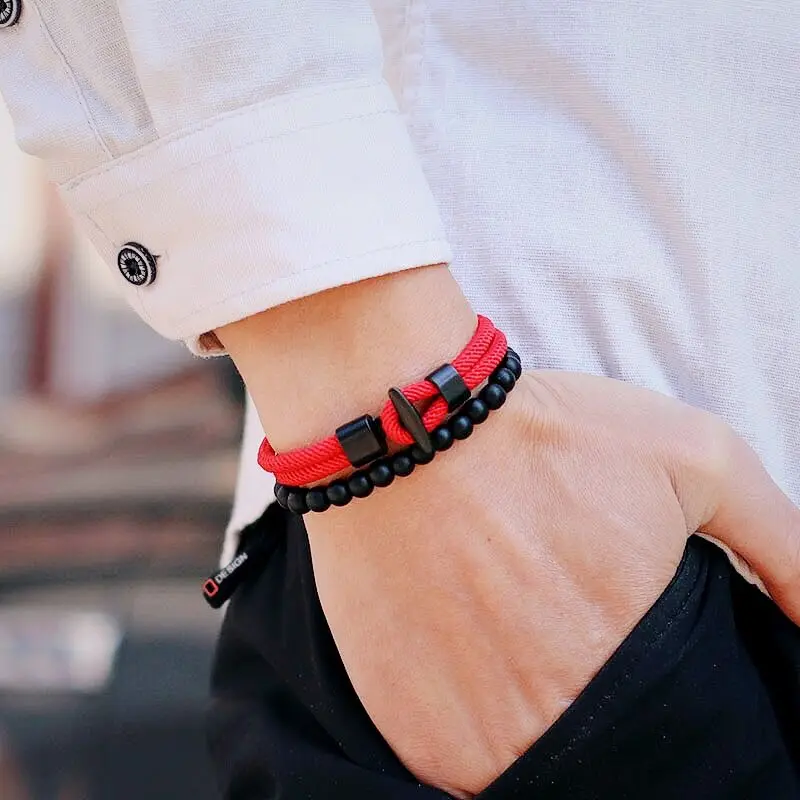 Onyx Stone Beaded Men Bracelet Natural Cord Accessory