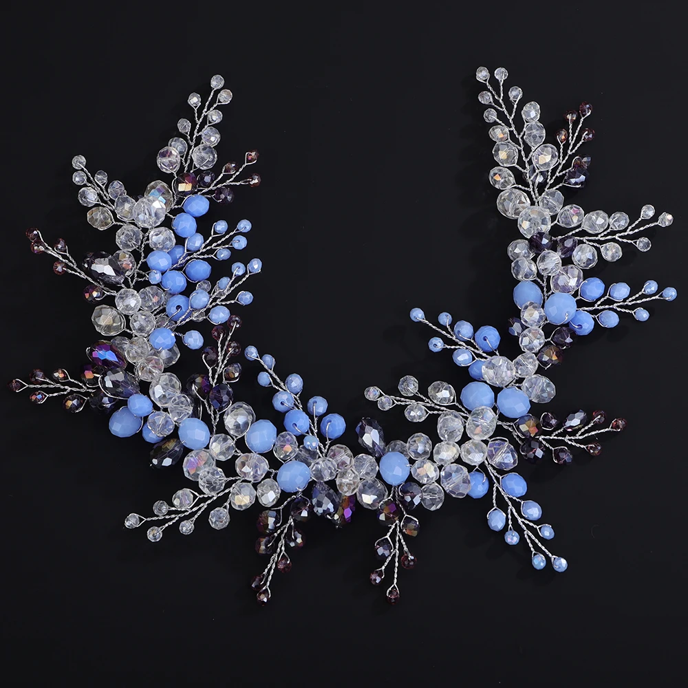 Trendy Blue Crystal Wedding Headband Silver Purple Bridal Hair Piece Women Hairband Handmade Party Headband Tiara Bride Headwear