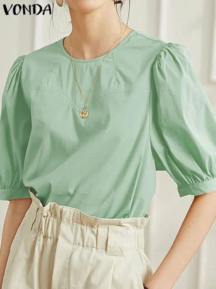 

VONDA Fashion Blouses 2023 Summer Short Sleeve Tops Casual Women Solid Color Shirts Elegant Round Neck Loose Blusas Femininas
