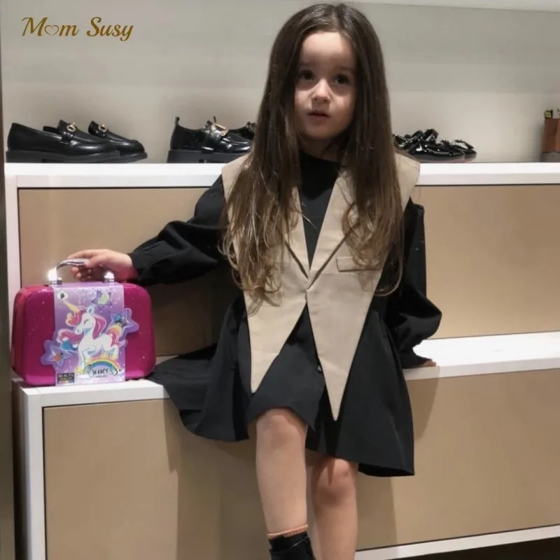 Fashion Baby Girl Cotton Shirt Dress + Vest Shawl 2PCS Toddler Child Long Blouses Dovetail Suit Spring Autumn Baby Clothes 2-7Y kids shirts