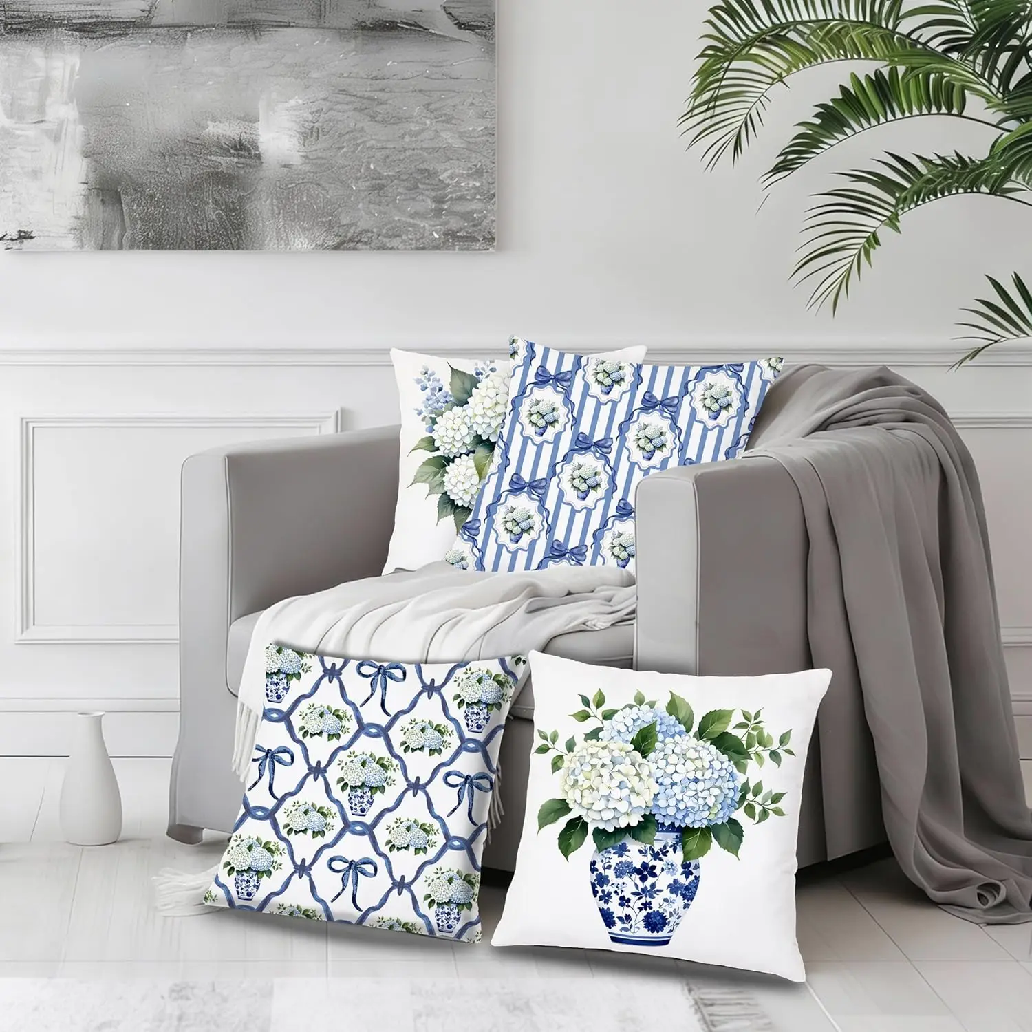 4Pcs Chinoiserie 수국 장식 쿠션 커버, 거실 침실 소파 홈 장식을위한 파란색과 흰색 꽃병과 리본 쿠션 케이스
