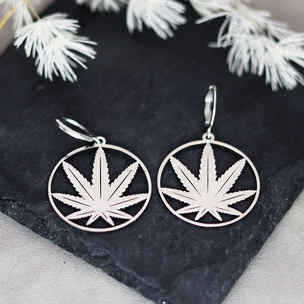 QIAMNI Stainless Steel Round Pot Leaf Hoop Earrings for Women Weed Jewelry Fashion Palm Leaves Drop Statement Piercing Ear 5