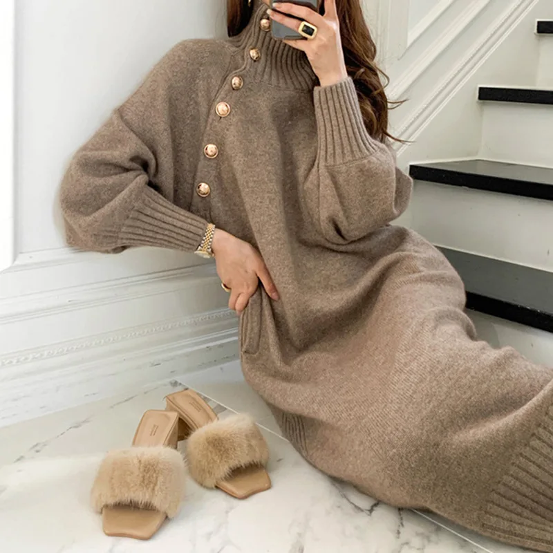 Women Autumn Winter Knitted Turtleneck Sweater Dress