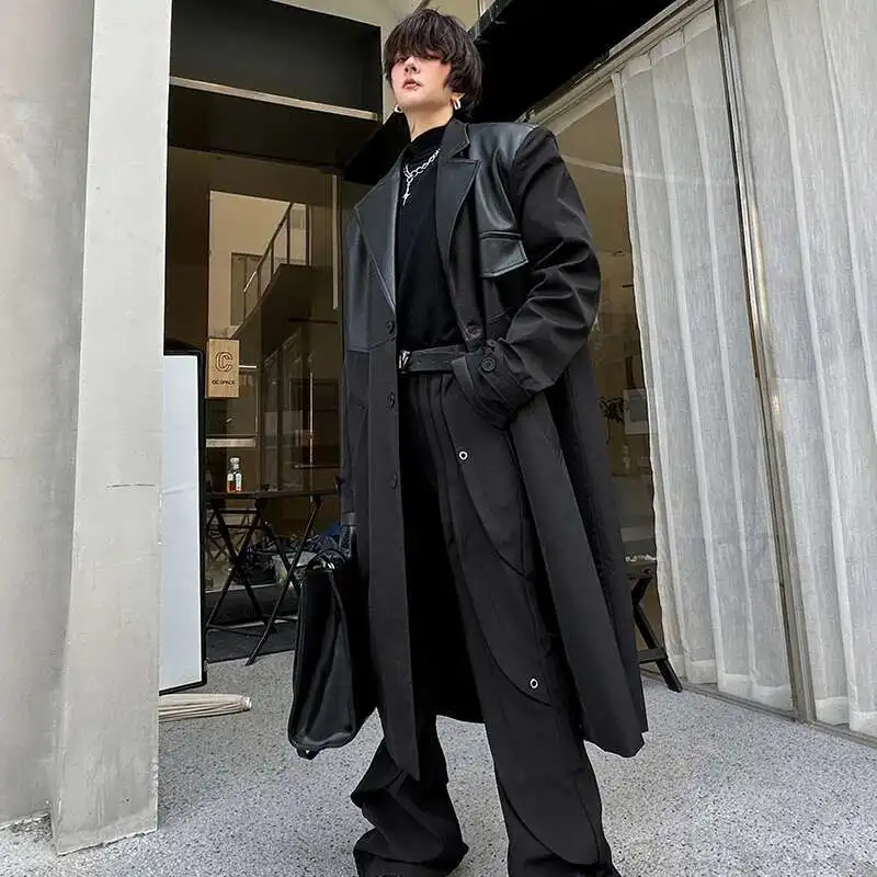 LUZHEN Korean Leather Splicing Long Trench Coat Men's Trendy Loose Knee Length Stylish Outwear Male Autumn Winter LZ5199