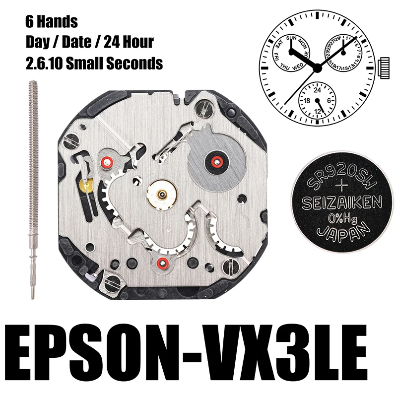 Фото Часовой механизм VX3J epson VX3JE, Аналоговый кварцевый механизм 10 1/2 '', тонкий механизм, 3 стрелки (H/M/S), 3 глаза, дневная/дата/24 часа №4