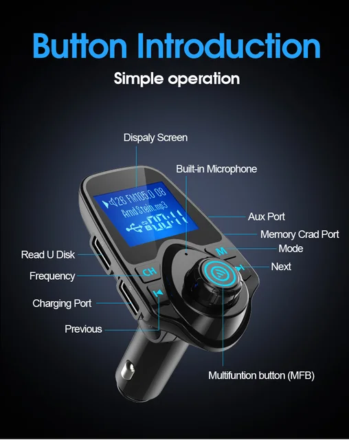 T11 Bluetooth Car Kit MP3 Music Player Adapter FM Transmitter Dual USB  Charger Support U-disk/TF/AUX (CE/FCC/RoHS) Wholesale