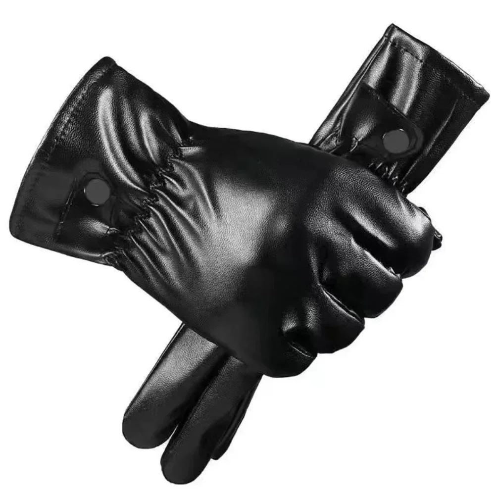 Mens Winter Black Leather Gloves Fleece Touchscreen Lined Water-Proof For Motorcycle Driving Dress Real Sheepskin Warm 2