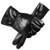 Mens Winter Black Leather Gloves Fleece Touchscreen Lined Water-Proof For Motorcycle Driving Dress Real Sheepskin Warm 2