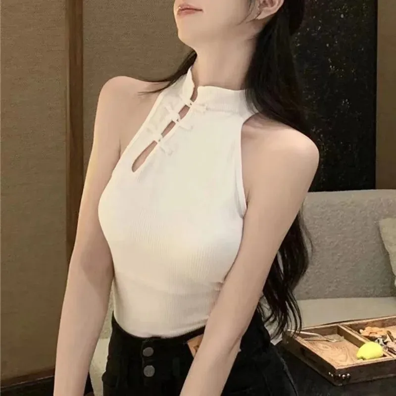 New Summer Vintage Women Chinese Button Tank Top with Bra Pad Y2K O-Neck Crop Top Aesthetics Off Shoulder Halter Tops for Girls