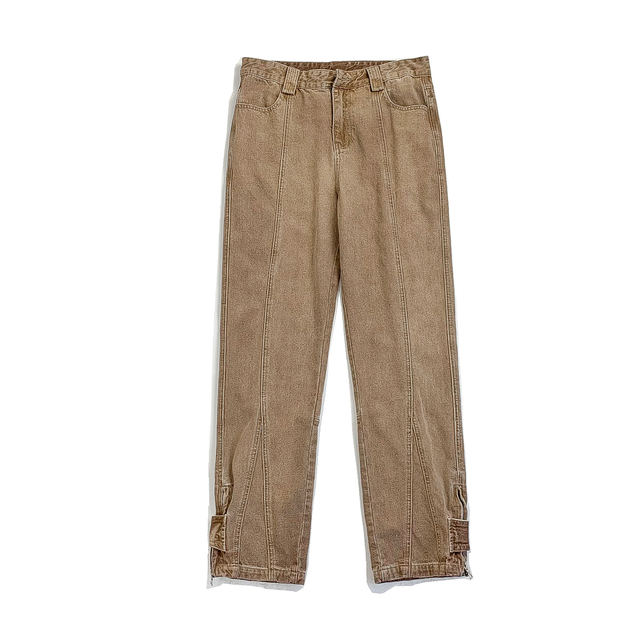 Chic Line Trousers Jeans Men Fashion Zipper Button Decor High Street Straight Brown Denim Neutral Casual Jean Pants Male