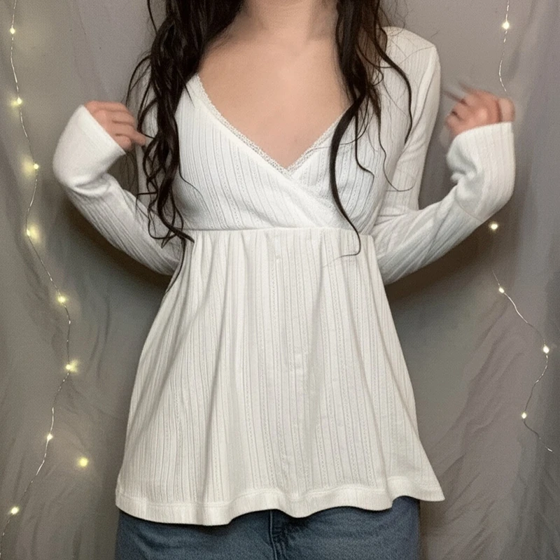 Women Fairy Y2k Cottage T-shirt Coquette V Neck Long Sleeve Babydoll Tees Autumn Spring Casual Pullovers Tops Vintage Clothes 4