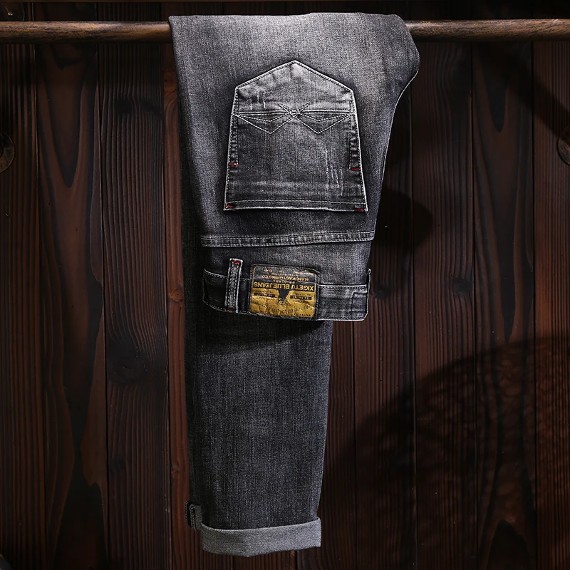 Fashion Designer Men Jeans Retro Black Gray Elastic Slim Ripped Jeans Men Trousers Italian Vintage Designer Denim Pants Hombre