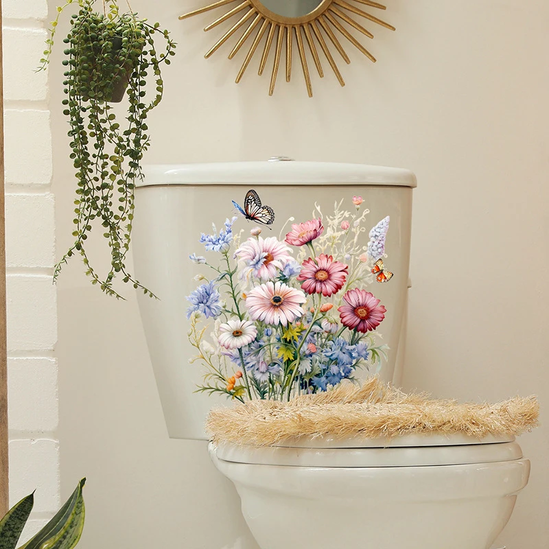 Bathroom Toilet Flower Stickers Minimalist Butterfly Flower Pattern Self-adhesive Paintings For Bathroom Living Decorations