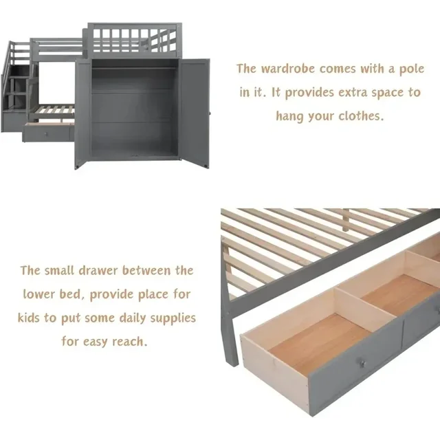 L-Shape Triple Bunk Bed with Stairs and Desk, Wooden Twin-Over-Full Design, Includes Storage Wardrobe, Shelves, and Drawers, 4 L-Shape Triple Bunk Bed with Stairs and Desk, Wooden Twin-Over-Full Design, Includes Storage Wardrobe, Shelves, and Drawers, 4