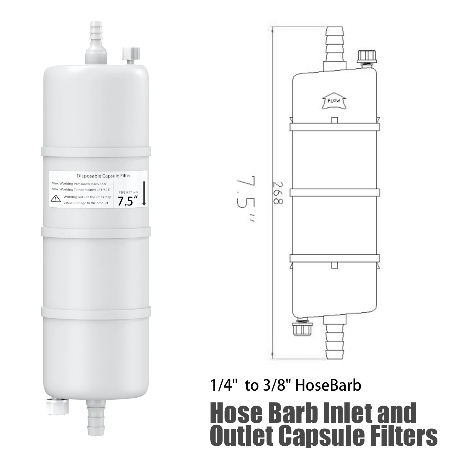 Sterile PTFE/PES Capsule Filters with Hose Barb for 1/4" to 3/8" Tube, Pore Size 0.22um , Individual Packag,1/pk