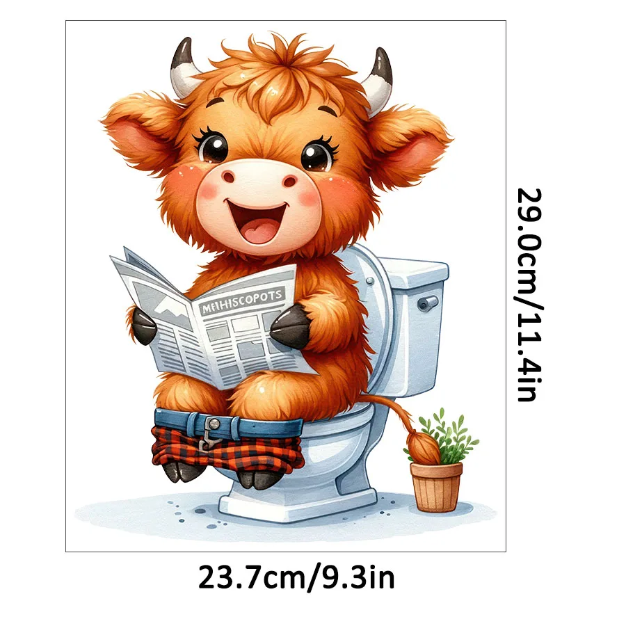 Highland Cow Reading Newspaper Toilet Sticker Toilet Seat Tank Bathroom Wall Glass Sticker Home Decoration Decal