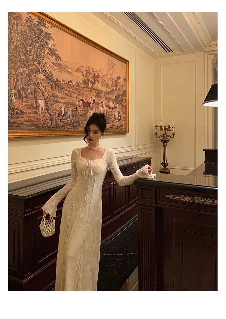 Women's Solid Midi Dress Flare Sleeves Square Collar A-Line Lace Up Autumn Spring French Elegant Vintage Prom Robe Vestidos New