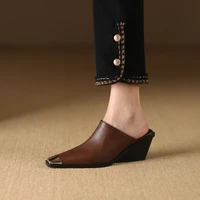 Women's New Summer Metal Headed Genuine Leather Cowhide High Heels Large Square Headed Retro Muller Slippers - Image 2