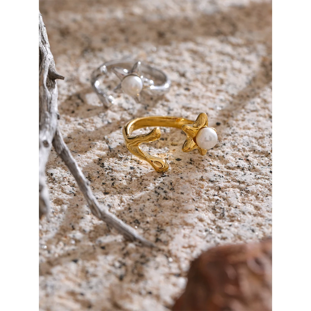 Yhpup Stainless Steel Simulated Pearl Flower Ring