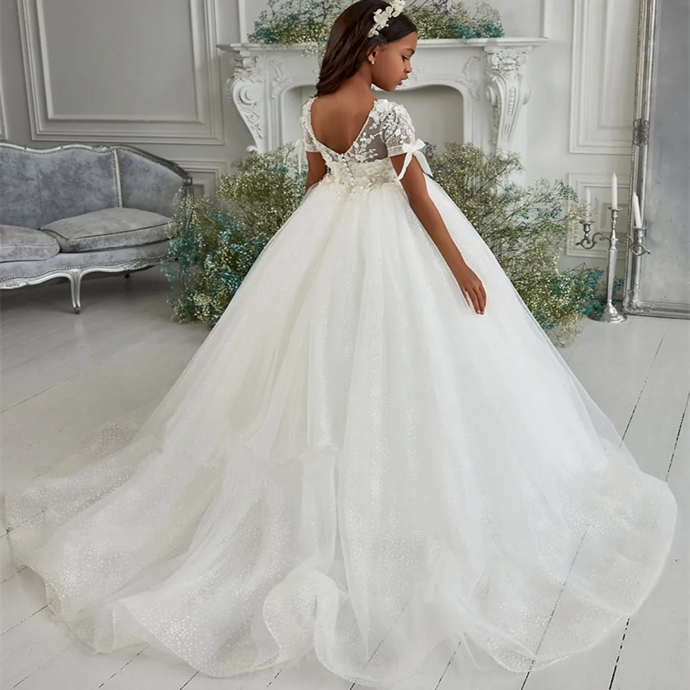 

Glitter Ivory Flower Girl Dresses For Wedding Lace Flower Girl DressBirthday Pageant Gowns With Children First Communion Dresses