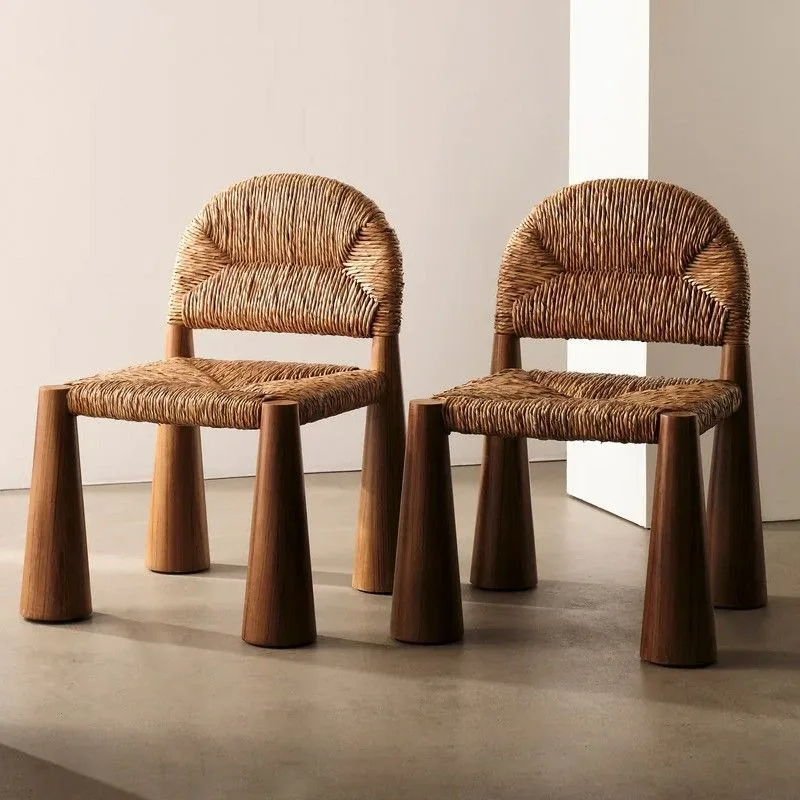 Wabi-Sabi Solid Wood Rattan Dining Chair, Vintage Woven