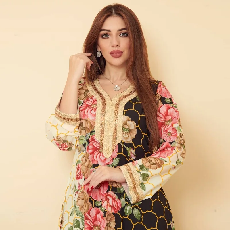 Large Swing Ethnic Style Lace Rhinestone Long Sleeve Loose Abaya Positioning Printing Muslim robe  abaya dress  long dress
