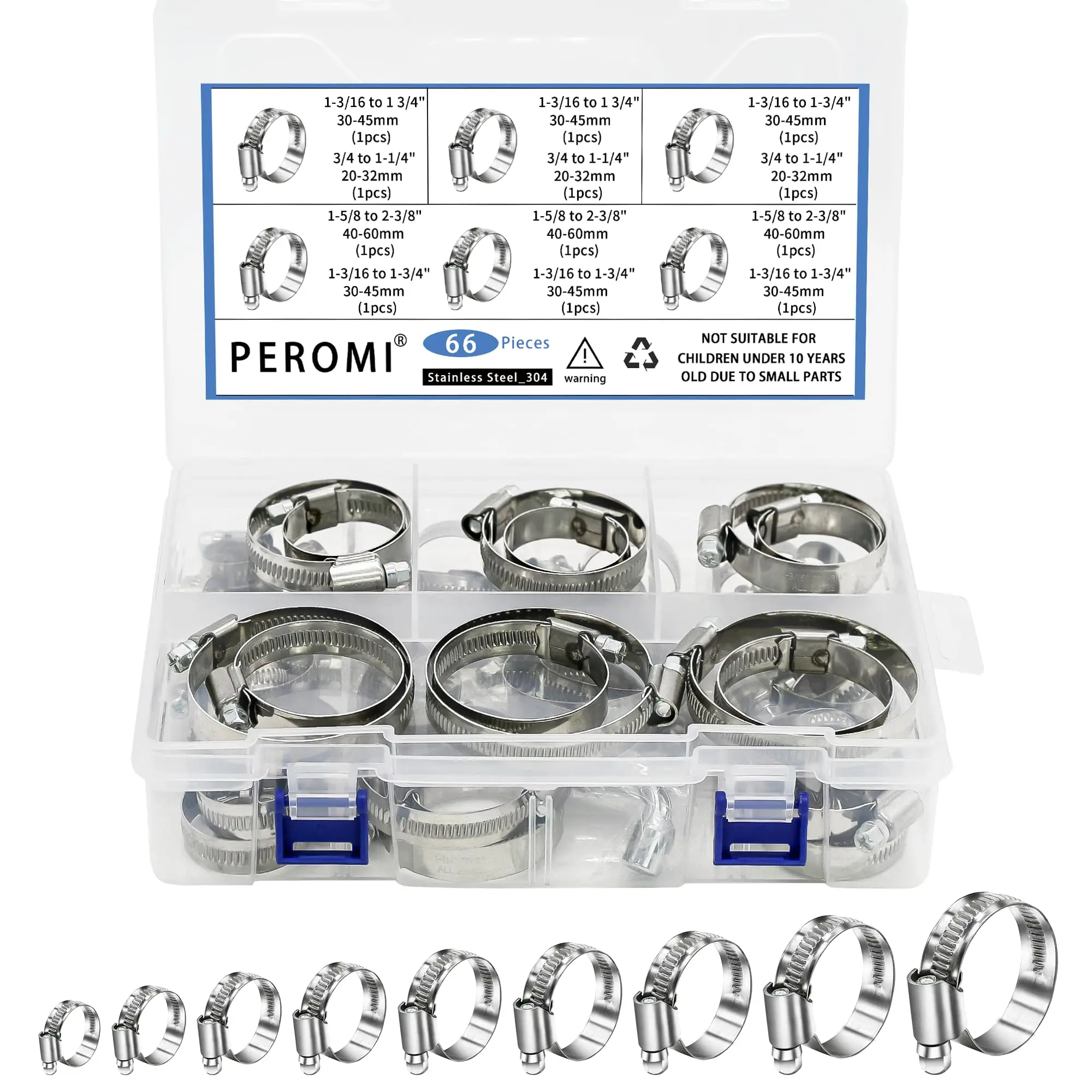 

66Pcs Adjustable 8 to 60mm Hose Clamp Clips Worm Gear Assortment Kit for Various Air Hose Water Pipes Automotive Mechanical Use