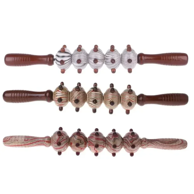 1pcs Wooden Exercise Roller Five Fine Wheel Shaft Whole Body Massage Roller Pounded Waist Back Massage Neck Leg Wood Massager