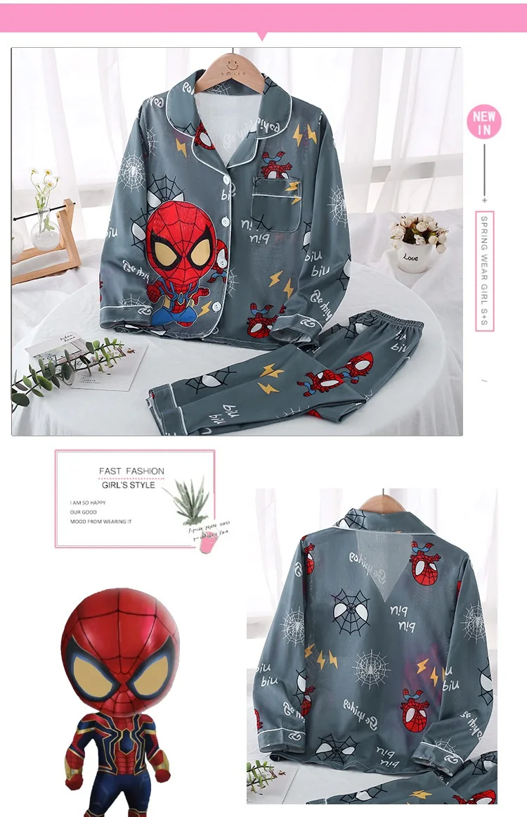 Marvels Spiderman Pajamas Spring and Summer Children's Pyjamas Boys Long-sleeved Girl Cardigan Suit Cartoon Home Clothes