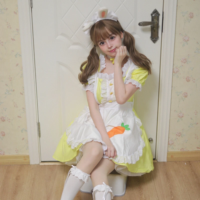 New Cosplay Yellow Color Maid Dress with Apron Coffee Servant Dress Up Square Neck Anime Lolita Cosplay Costume Women Uniform