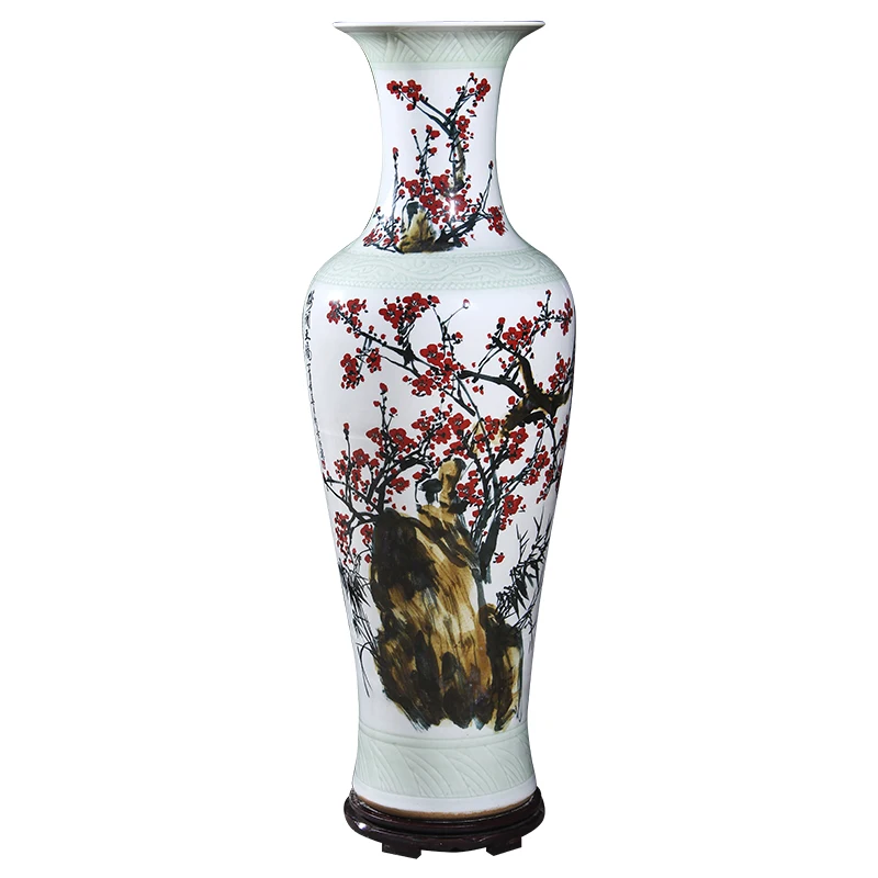 

Jingdezhen Ceramic Floor Vase Hand Painted Peony Plum Blossom Double-Sided Decorative Porcelain Ornaments