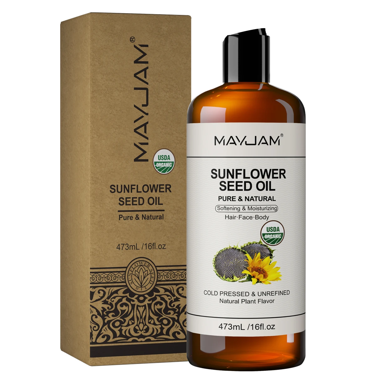 MAYJAM Pure Organic Moroccan Argan Oil Massage On Face, Hair, Body Sweet Almond Oil Холодного віджиму, сертифікована USDA 473 мл олія для обличчя