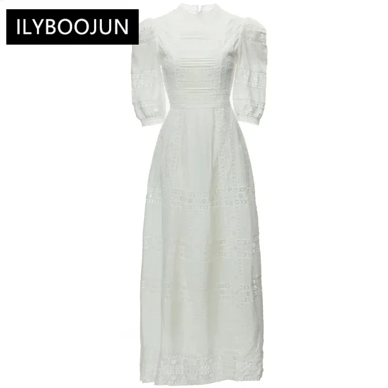 

Summer Women's Dress O-neck Lantern Short Sleeve Hollow Out White Dress For Women 2023 Runway Luxury Brand Elegant High Quality