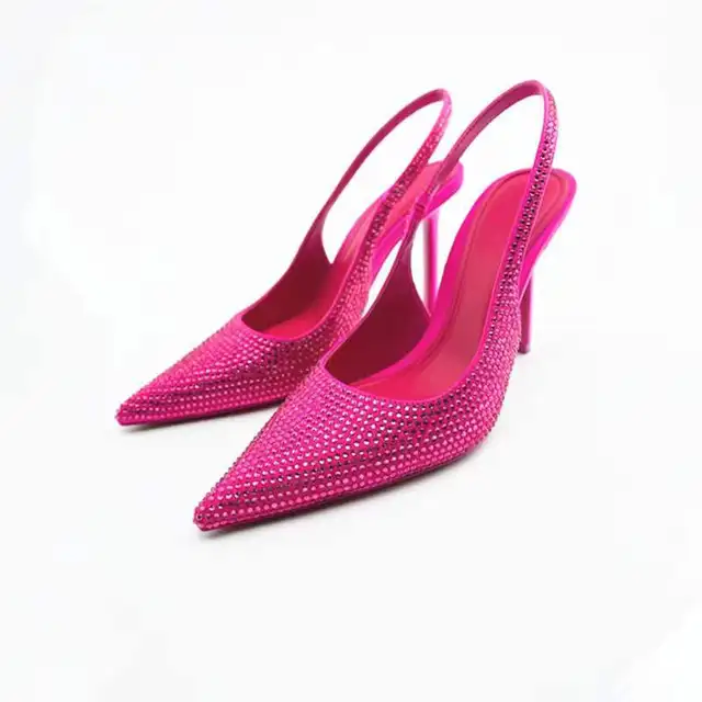 Shoes For Women 2022 Sandals ZARZ Luxury Brand Summer Fashion Transparentes Rhinestones Pointed Heeled Slippers Woman Sexy Pumps Rose red