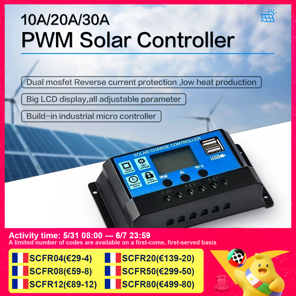 PWM Solar Controller 12V/24V Auto. 30A20A10A LCD Battery PV Cell Panel Charger Regulator Lamp 100W 200W 300W 400W 500W