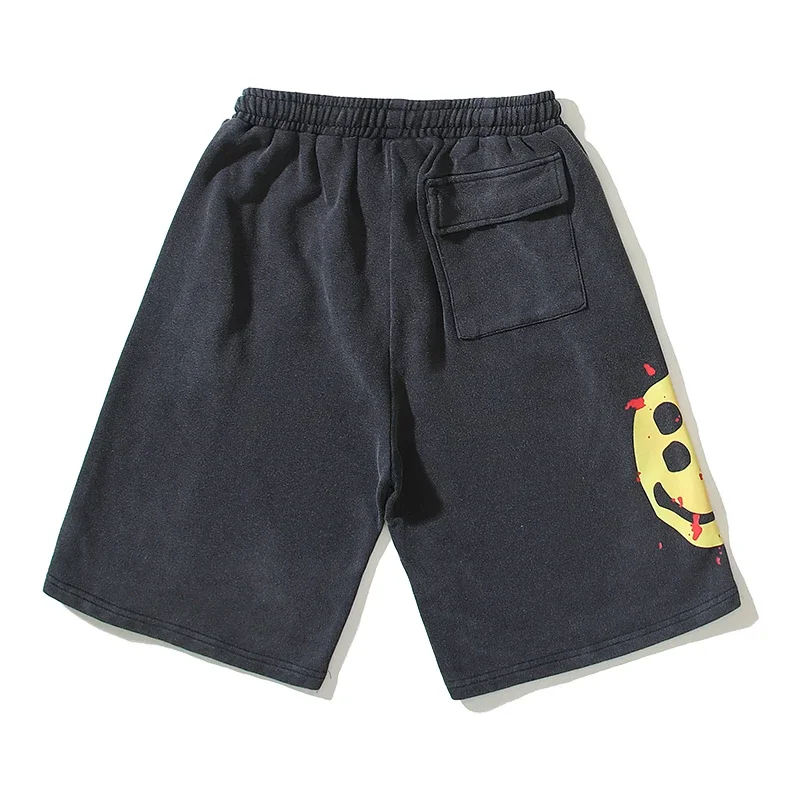 Yao Fashion Streetwear Hip Hop Vintage Outdoor Kanye West Short Pants Hip Hop Smiley Face Print Casual Shorts for Men
