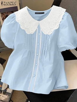 2025 ZANZEA Summer Lace Patchwork Shirts Women Elegant Office Work Blouse Lapel Neck Short Sleeve Tops Casual Buttons Blusas