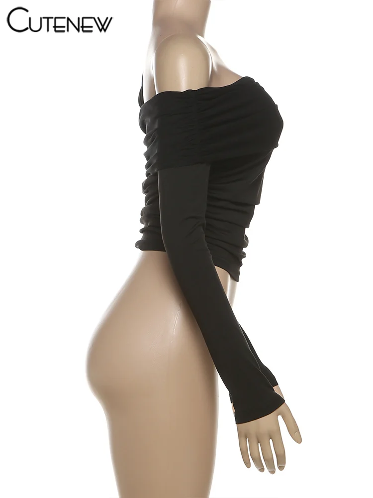 Asymmetrical Slash Neck Wild Women T-shirts Concise Ruched Full Sleeve Skinny Crop Tees Trend Basic Female Street Tops