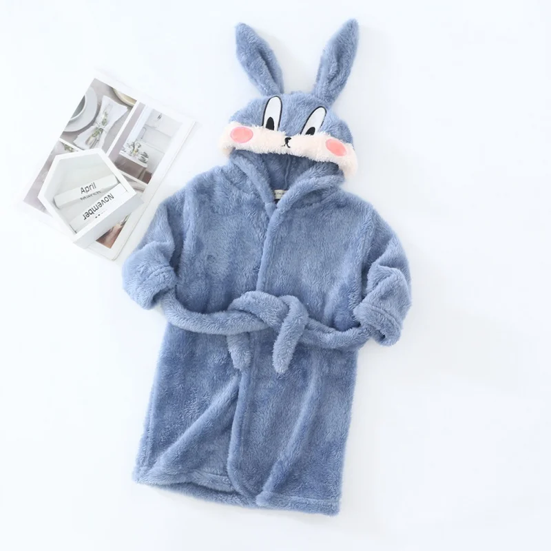 Autumn Winter Kids Hooded Bathrobe Baby Bath Robes Boys Girls Cute Cartoon Rabbit Flannel Pajamas Long Sleeve Towel Robe flannel pajamas child bathrobe kids robe