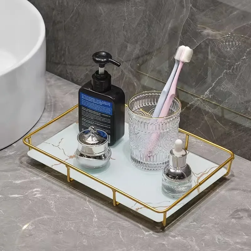 Metal Marbled Glass Tray Decorative Storage Rack Desktop Organizer Cosmetic Shelf Display Stand Bathroom Storage Shelves makeup organizer bathroom shelf rack bathroom storage rack storage tray countertop storage rack