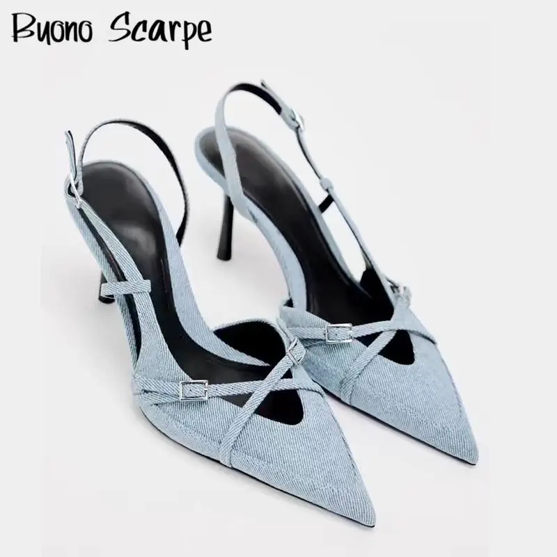 Luxury Brand Designer Women Sandals Pointed Toe Thin High Heel Buckle Strap Denim Mules Sexy Party Single Shoes Female All Match