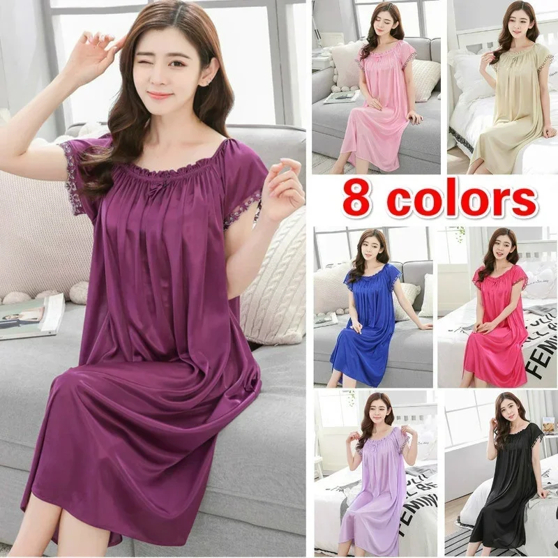 Long Nightdress Short Sleeve Loose Sleepswear New Hot Sexy Summer  Womens Solid Color Sleepshirt Home Clothing Lace Ice Silk