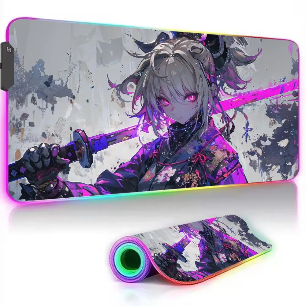 RGB Large Gaming Mouse Pad with LED Backlit - Samurai Anime Girl Design